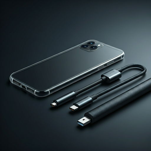 Premium Zubehör: transparente Schutzhülle, geflochtenes USB-C-Kabel und Powerbank auf einer technischen grauen Oberfläche